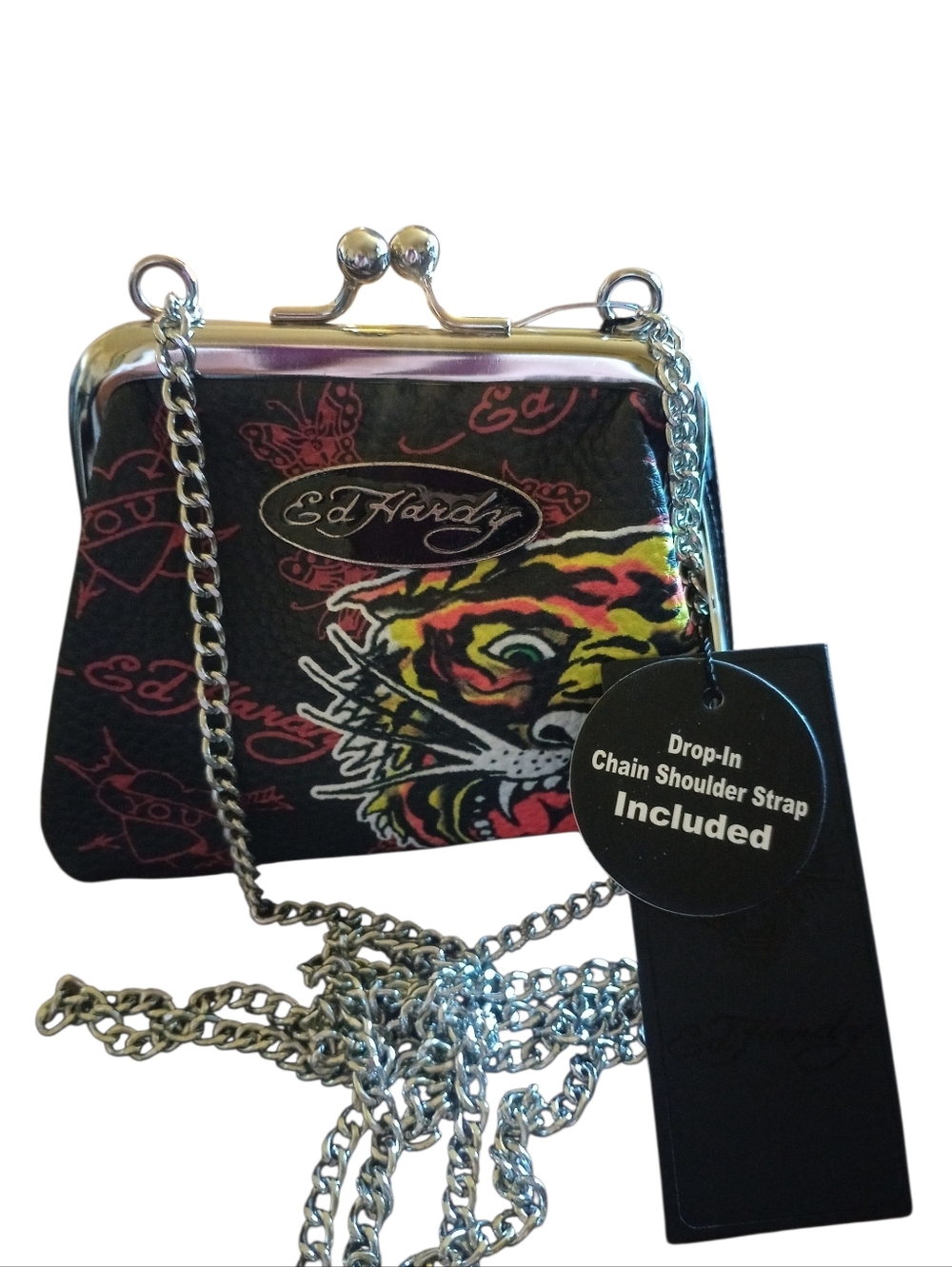Ed Hardy Black Tiger Kiss-Lock Wristlet with Silver Chain, NWT
